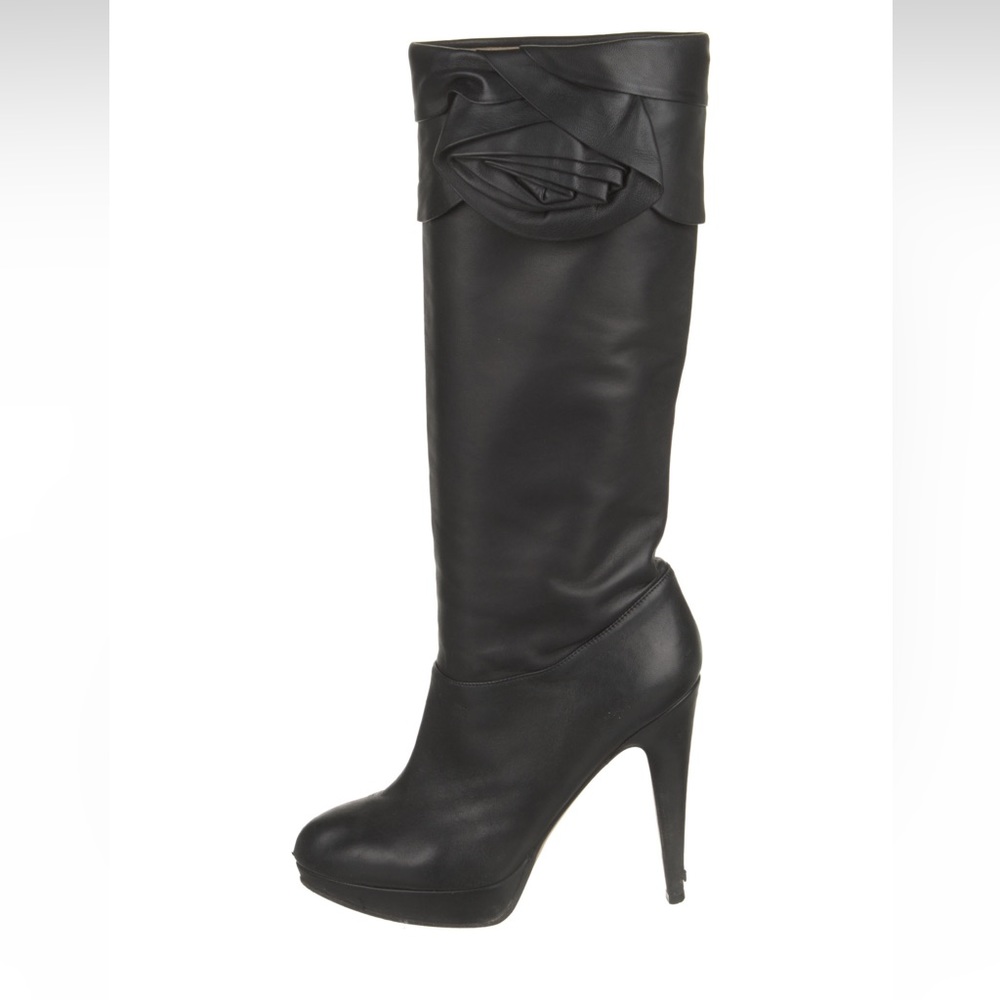 VALENTINO black leather heeled platform boots with flower accent. Incl. box/bag